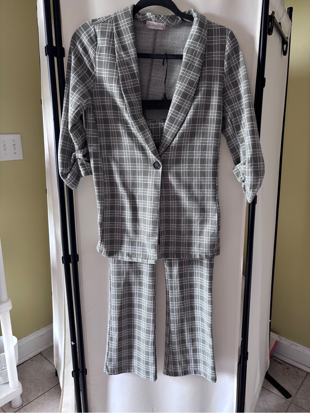 Altar’d State Plaid Women's Pantsuit Blazer and Wide-Leg Pants Sage Green